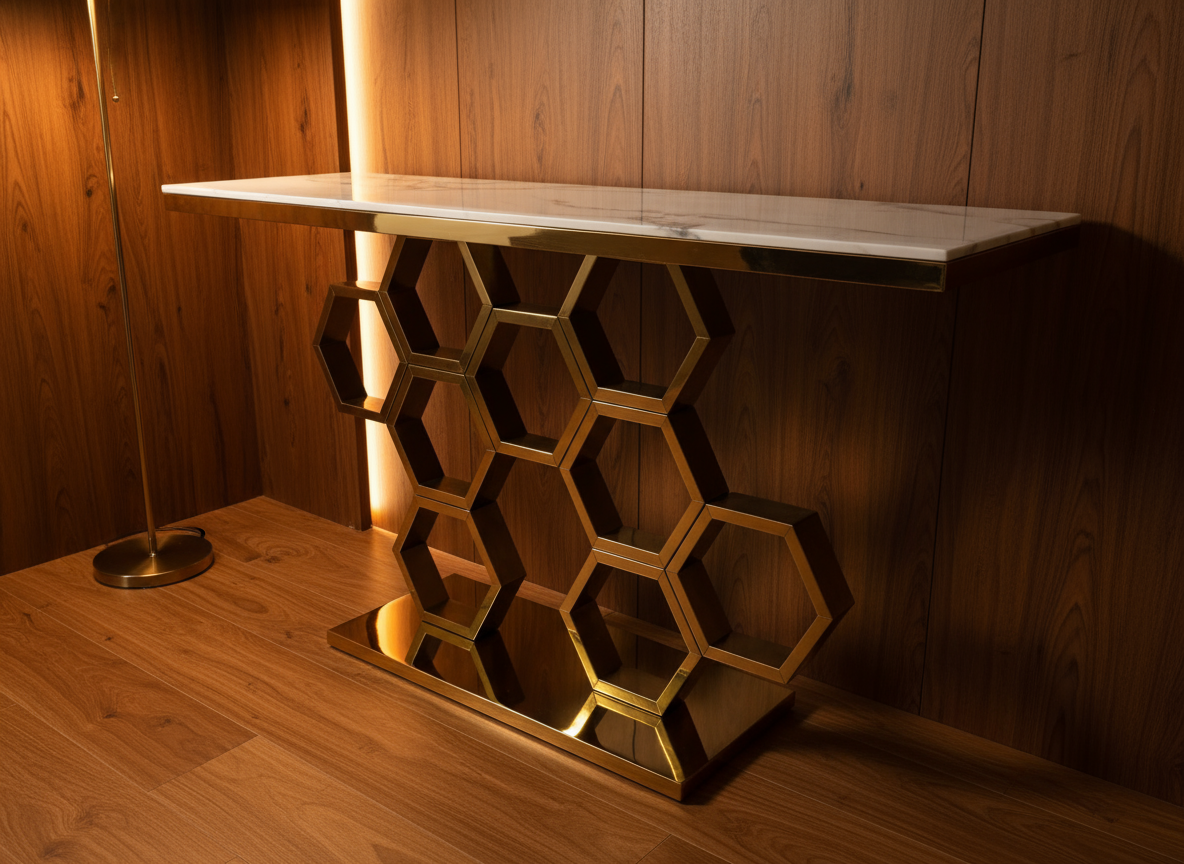 Honey Comb Console - Geometric Gold Console Table