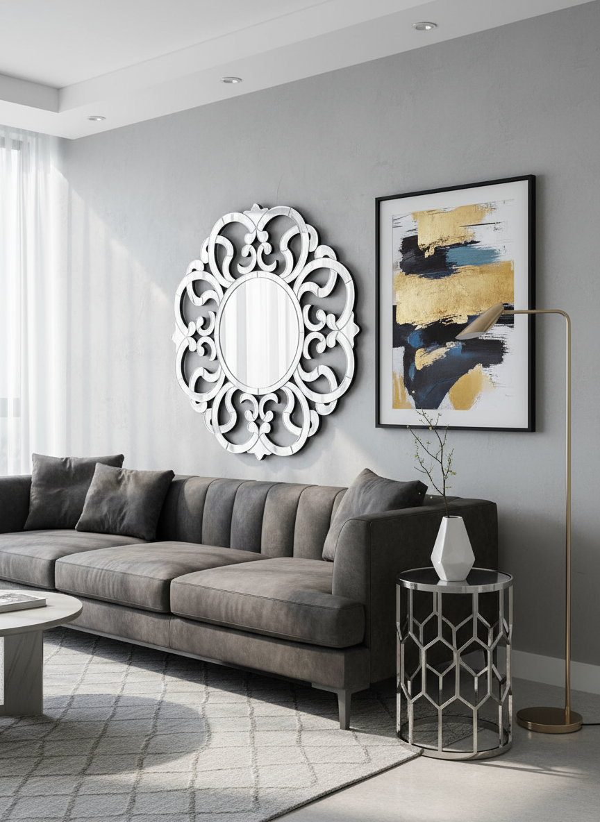 Venetian Mirror in Modern Glam Living Room