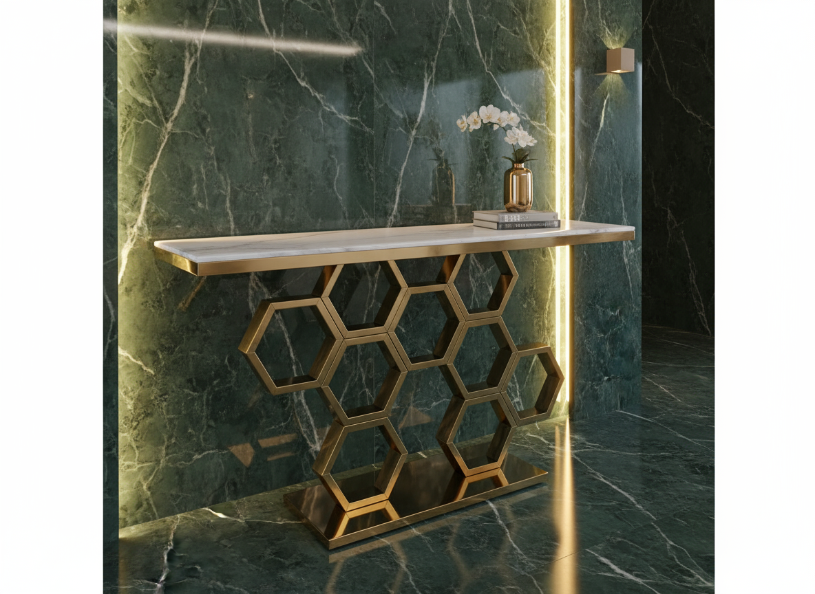 Honey Comb Console - Geometric Gold Console Table