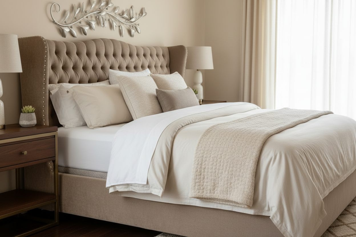 Jessica bed set in taupe brown - side angle lifestyle image