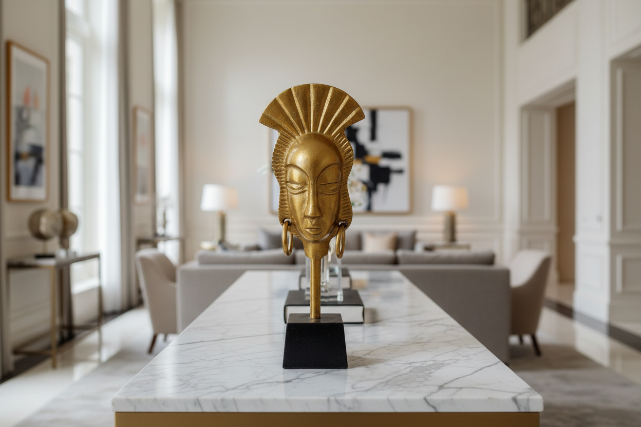 Large lifestyle image of Egyptian-inspired sculptural head