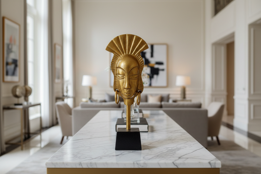 Large lifestyle image of Egyptian-inspired sculptural head