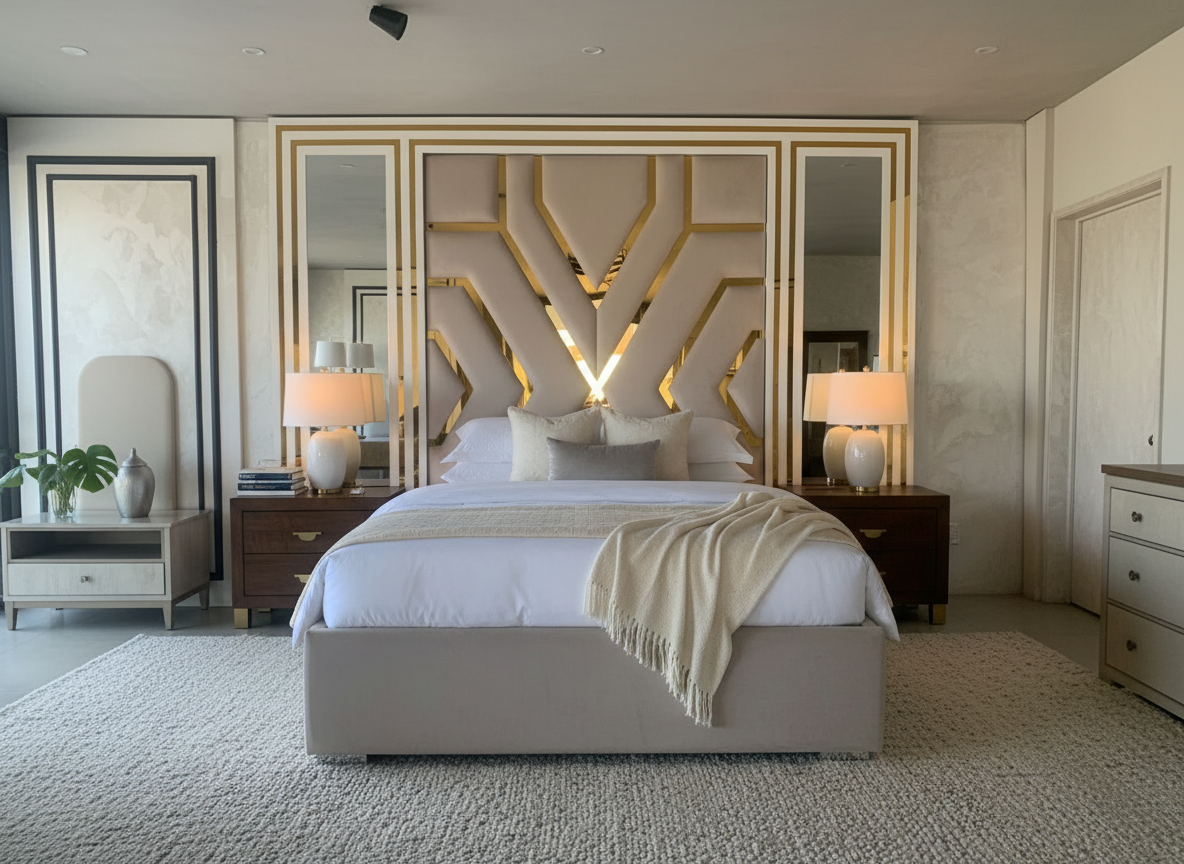Lifestyle bedroom scene with elegant headboard and base