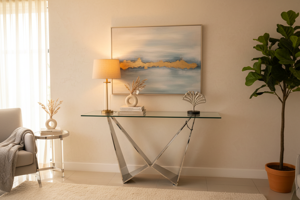 Lifestyle Image - Chrome Console Table in Home Setting