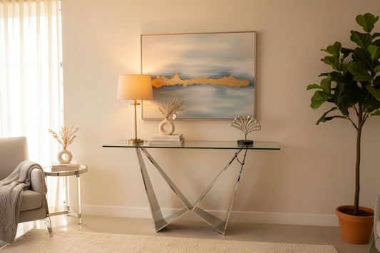 Lifestyle Image - Chrome Console Table in Home Setting