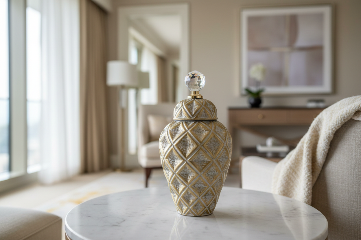 Lifestyle image of decorative jar with crystal stopper