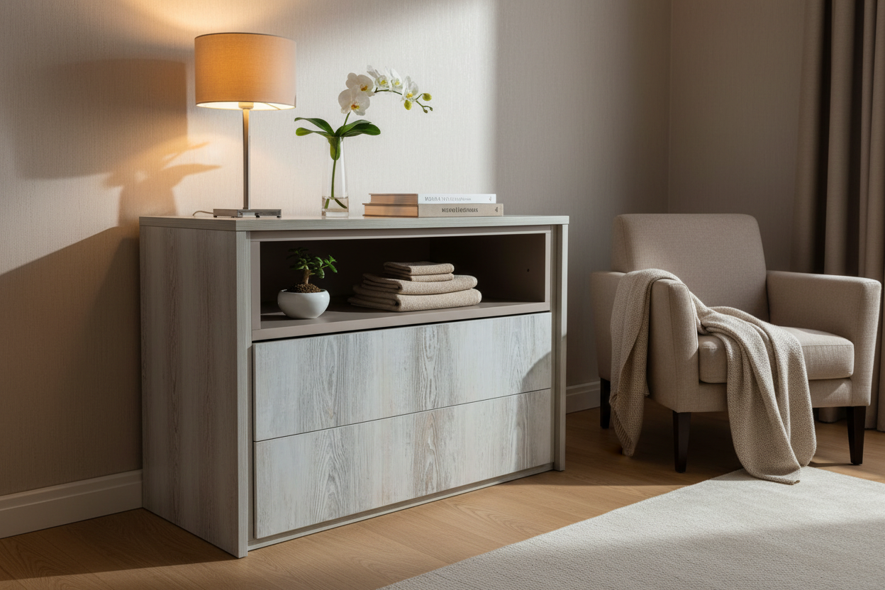 Lifestyle image of grey wood-grain chest