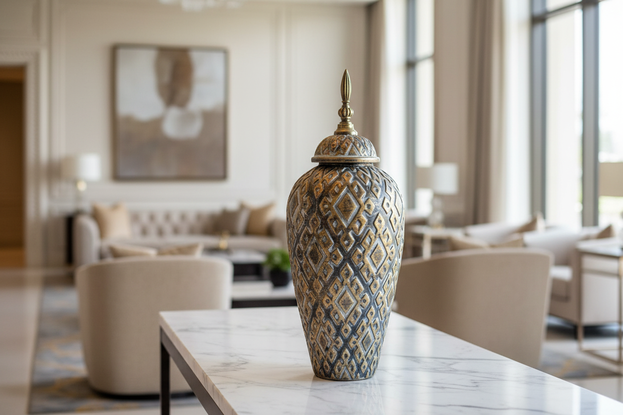 Lifestyle image of metallic lattice jar