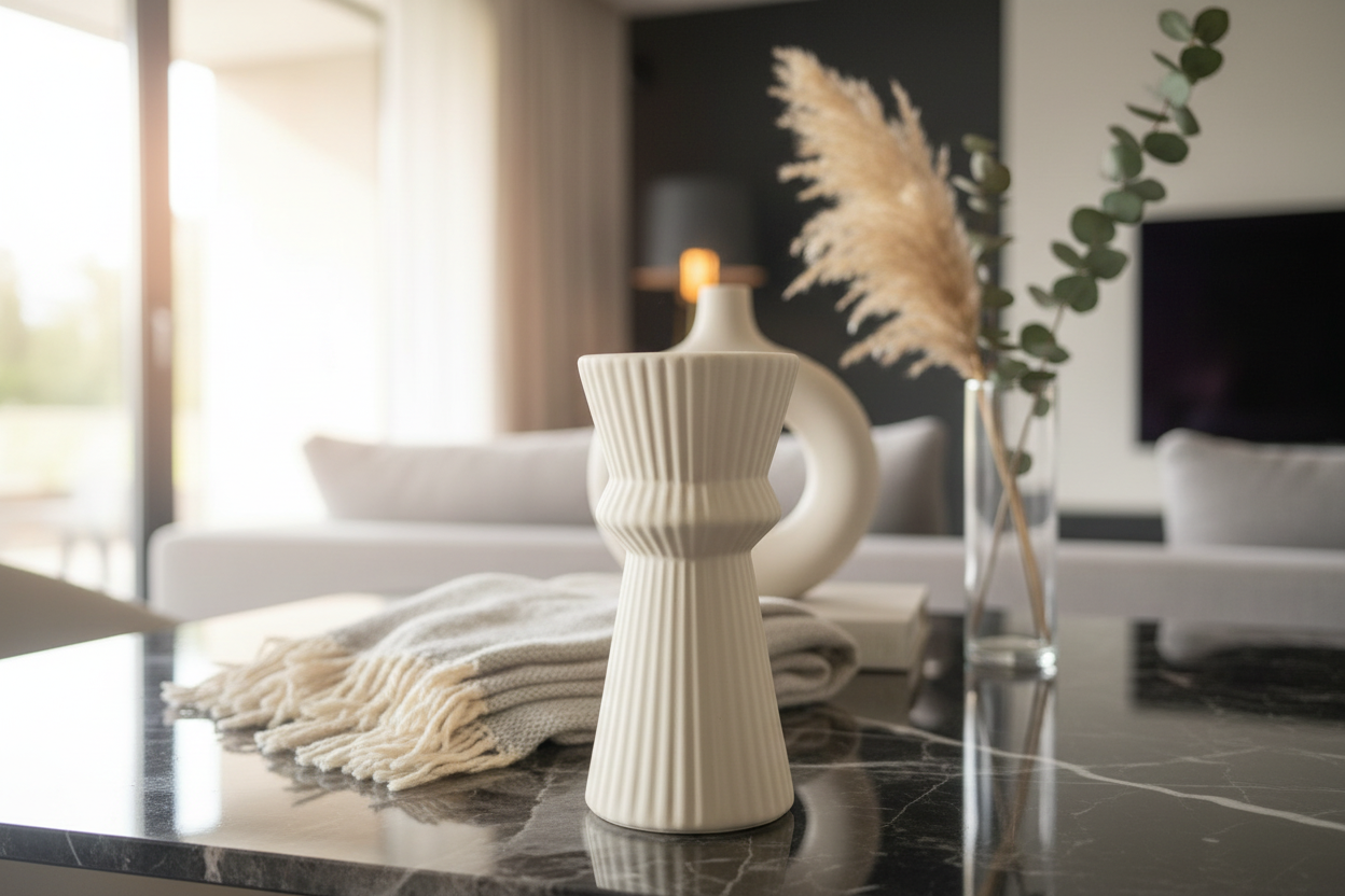 Lifestyle image of ribbed ceramic vase