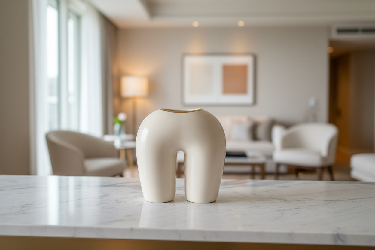 Lifestyle image of sculptural U-shaped vase