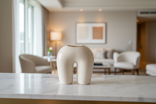 Lifestyle image of sculptural U-shaped vase