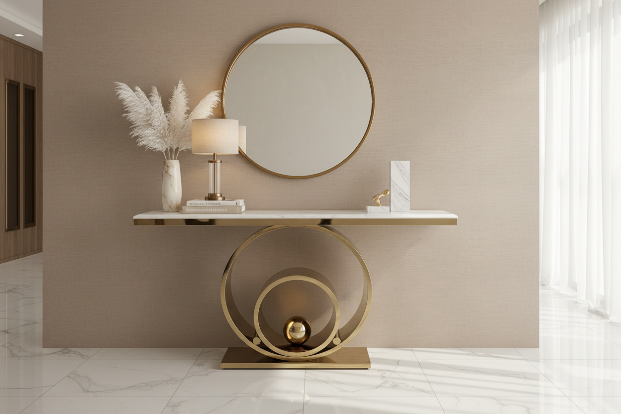 Lifestyle image of white marble and gold sculptural ribbon console table