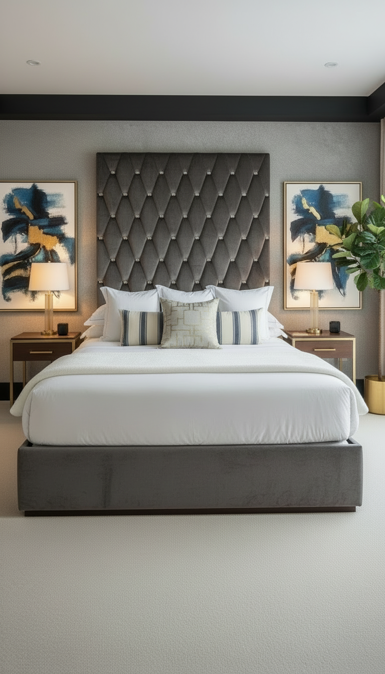 Luxurious charcoal grey bedroom straight view