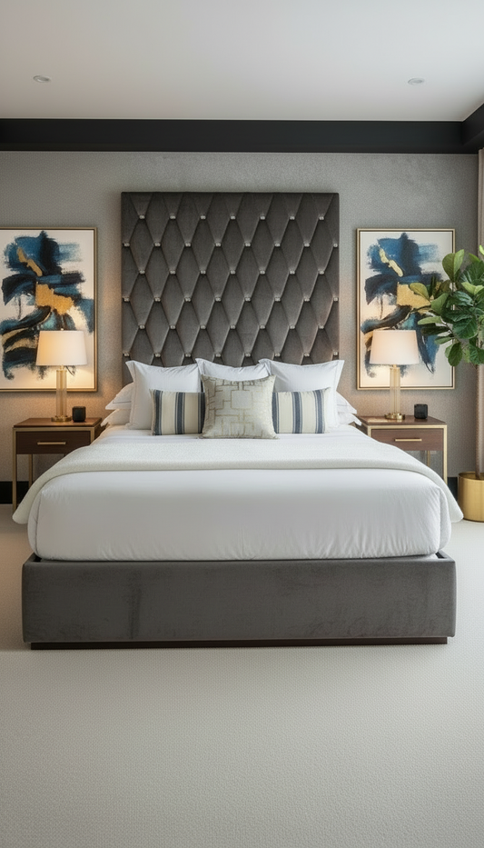 Luxurious charcoal grey bedroom straight view