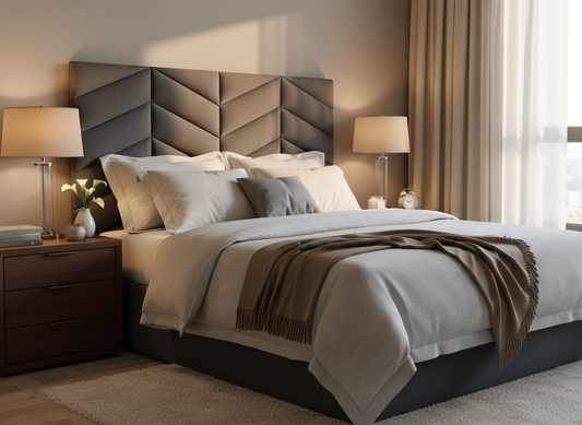 Luxurious charcoal grey chevron headboard lifestyle image