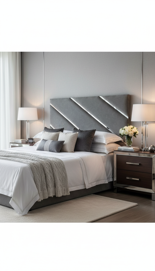 Luxurious lifestyle image with grey diagonal headboard