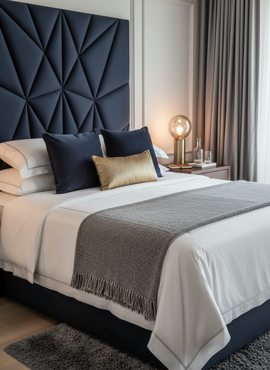 Luxury hotel bedroom with navy headboard