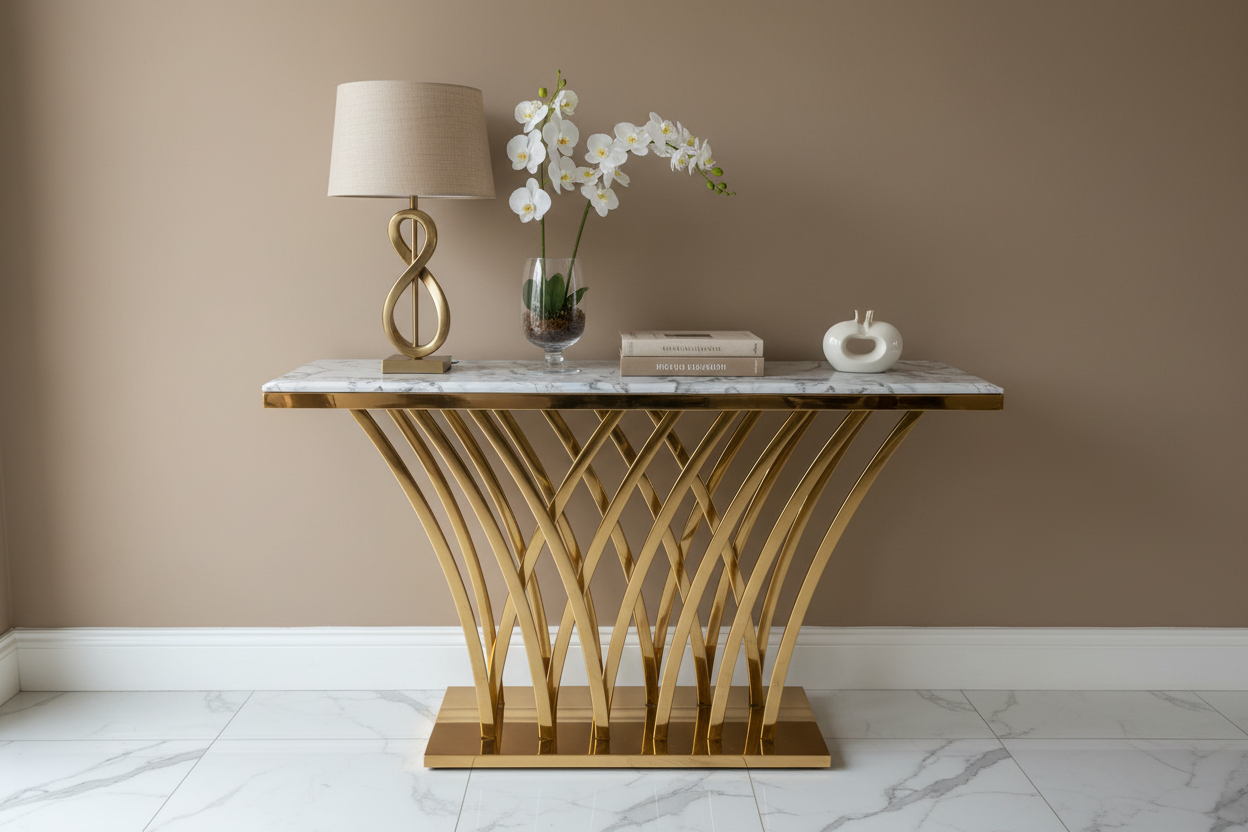 Marble and gold fan-base console table with clear wall