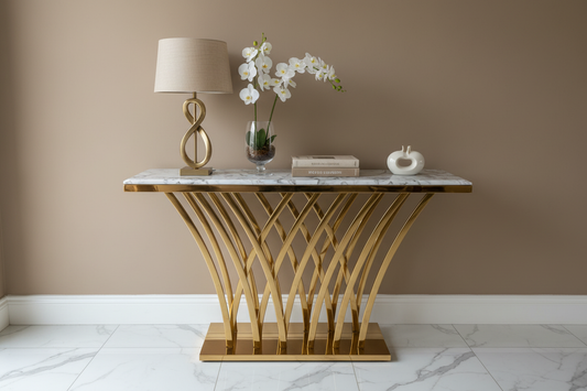 Marble and gold fan-base console table with clear wall