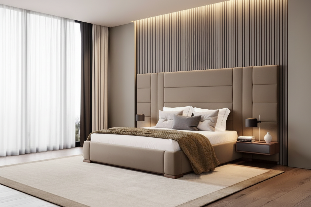 Mercury Headboard & Base - Taupe Brown Lifestyle
