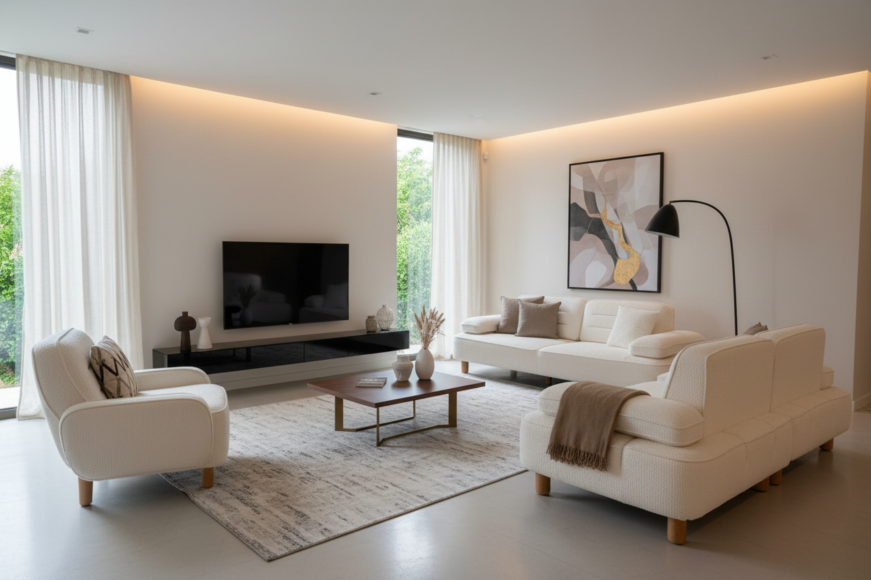 Modern Living Room Setting - Cream Textured Sofa Set
