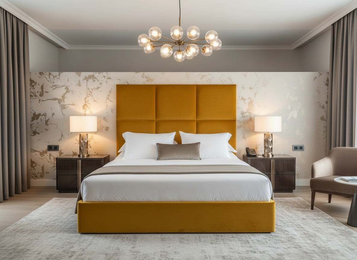 Mustard yellow bed with original headboard style