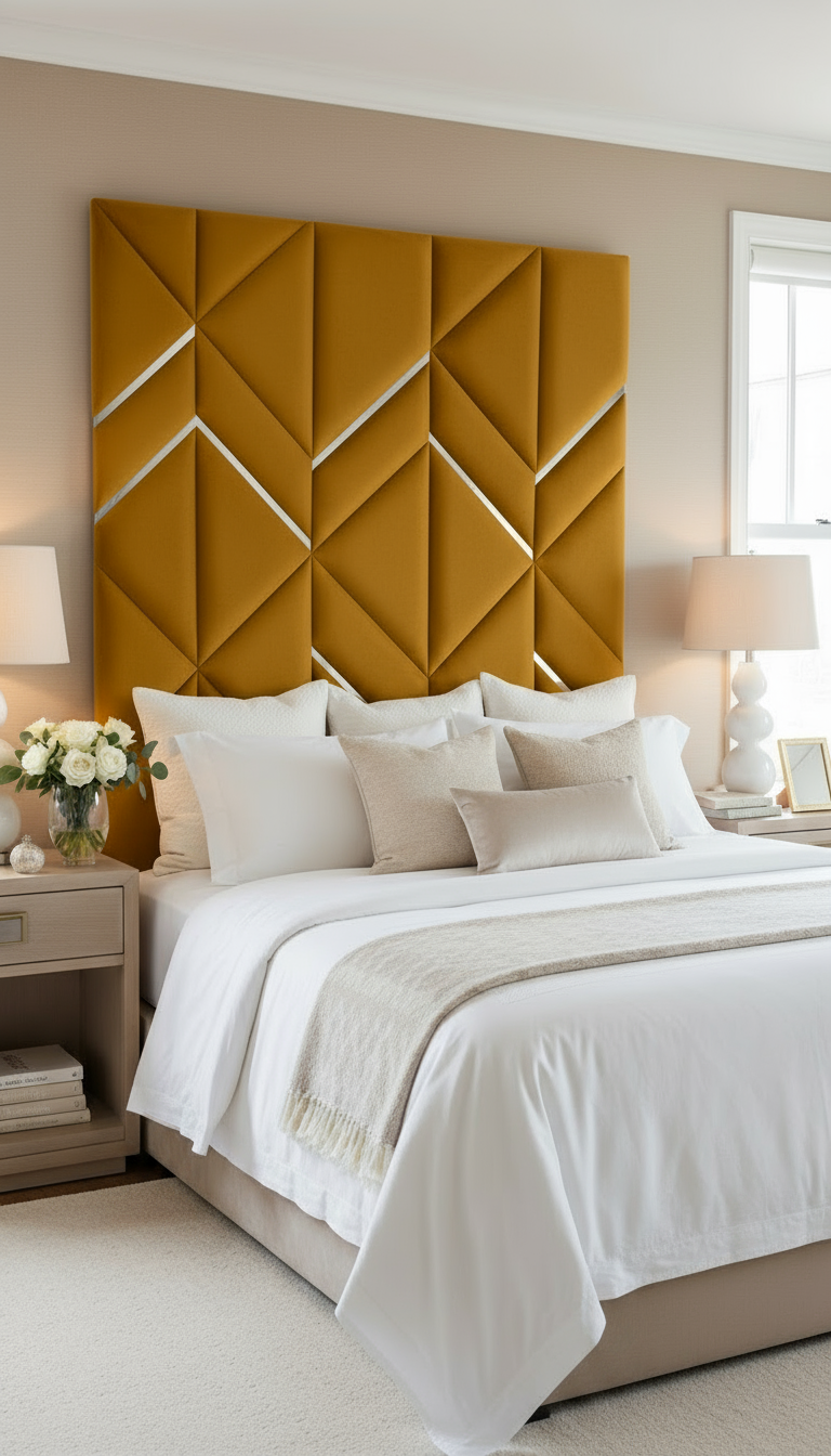 Mustard yellow headboard close-up lifestyle image
