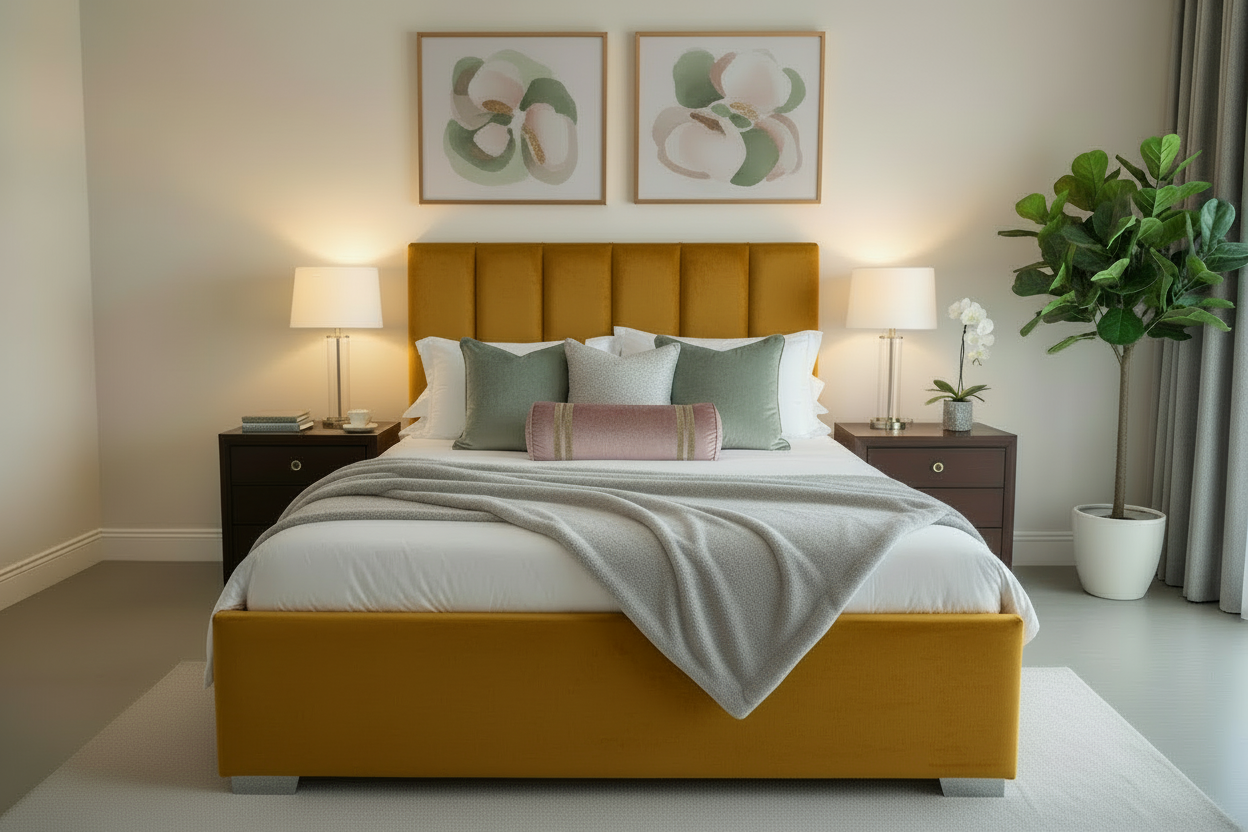 Mustard yellow velvet bed