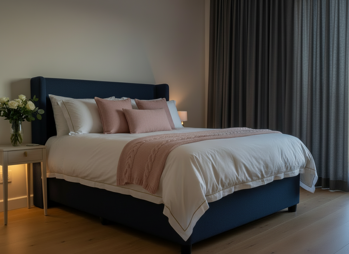 Navy blue and blush pink bedroom lifestyle image