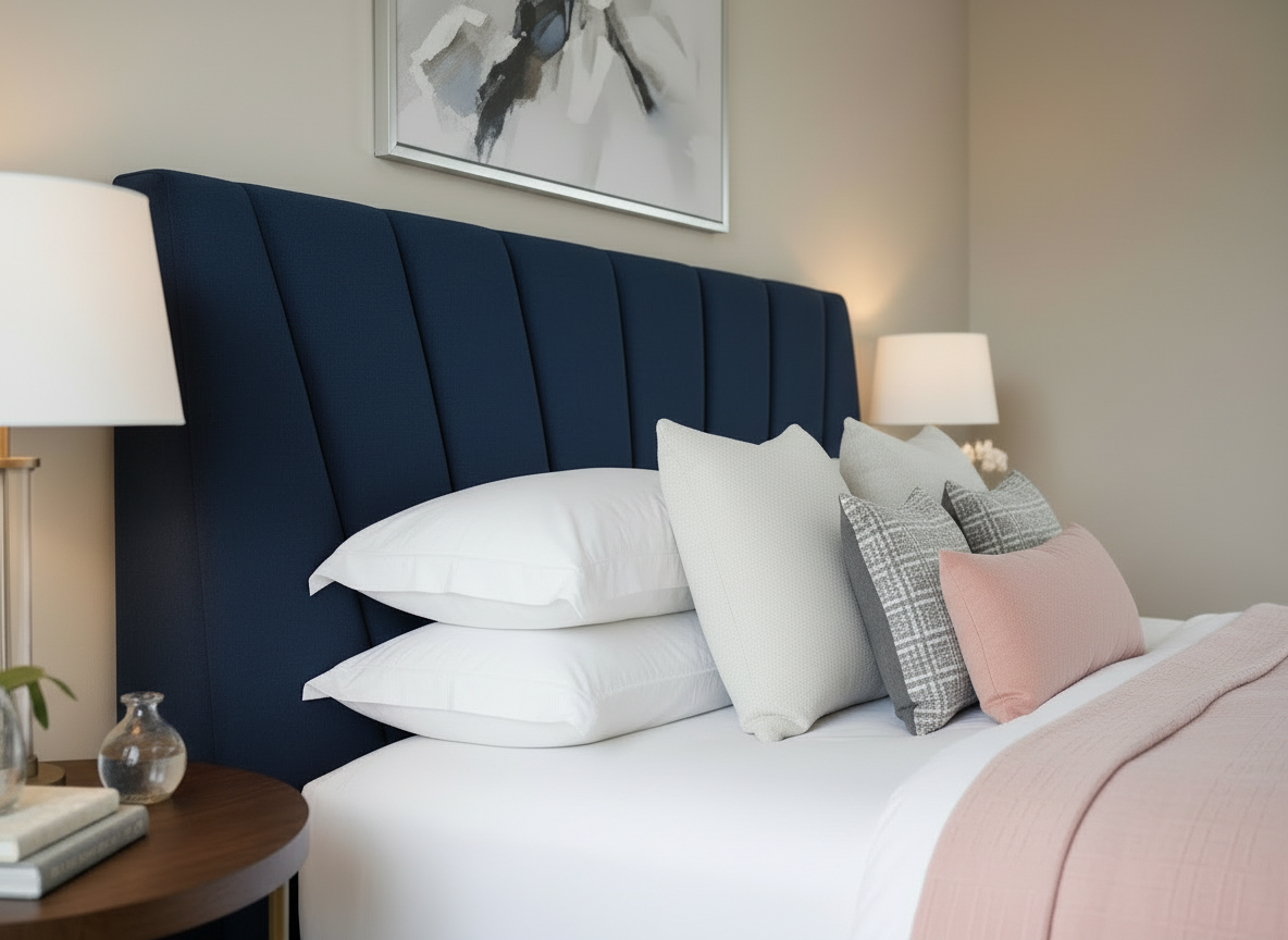 Navy blue headboard with blush pink styling