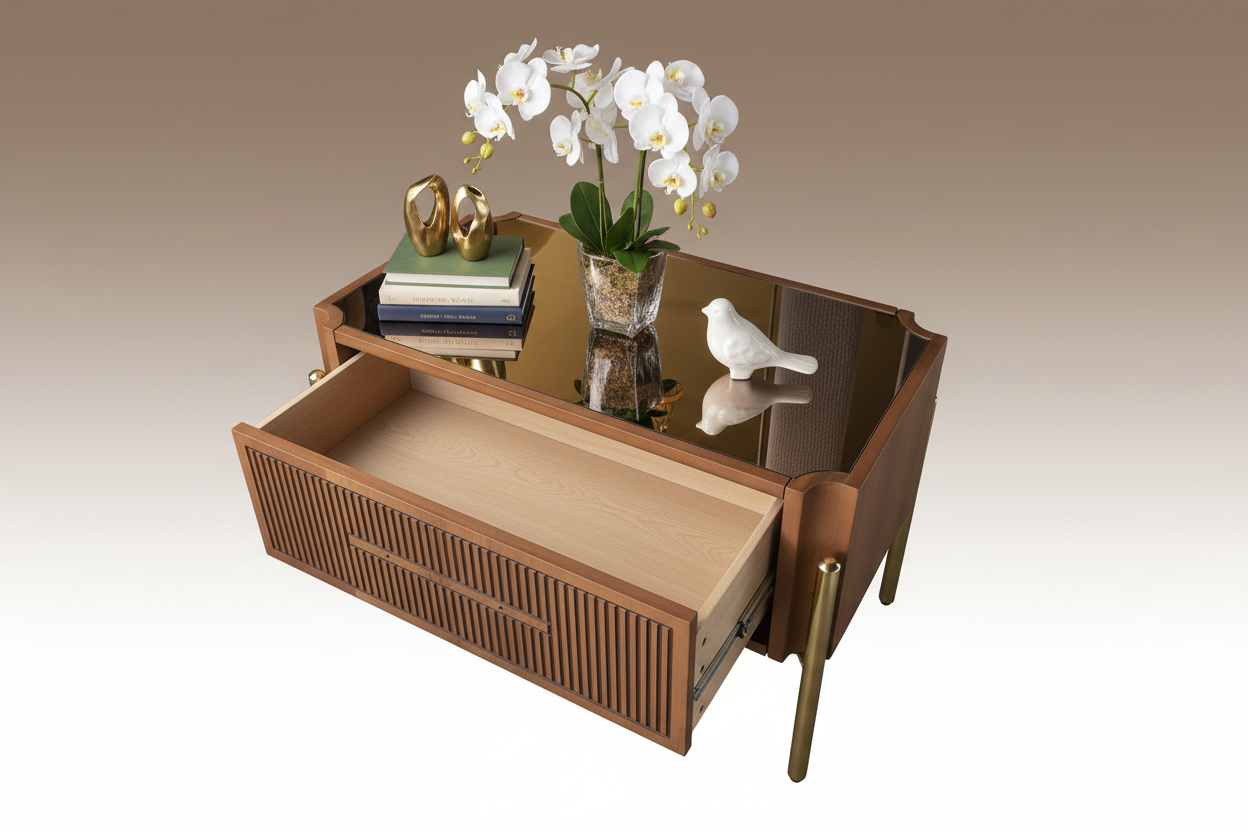Open drawer angle styled studio shot of console