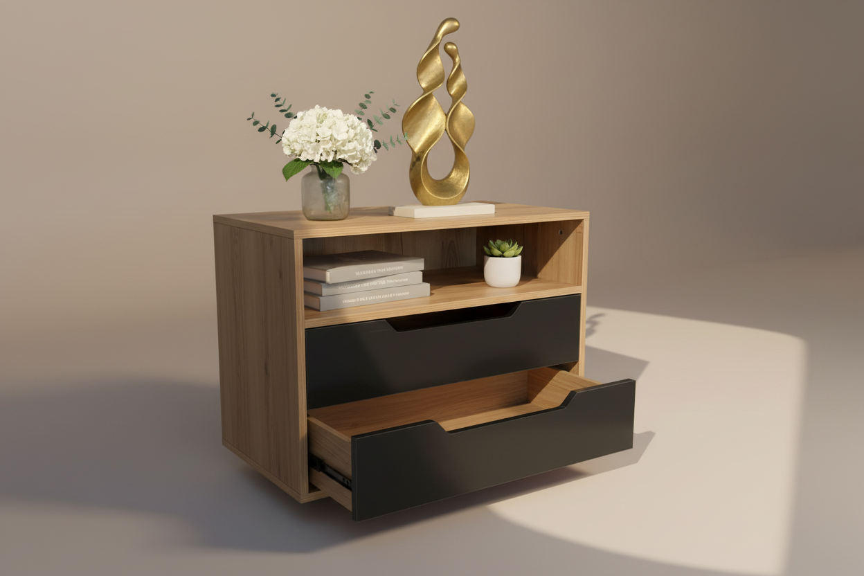Open drawer angle styled studio shot