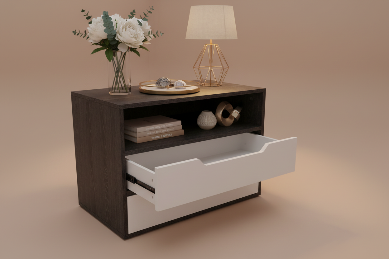 Open drawer angle styled studio shot