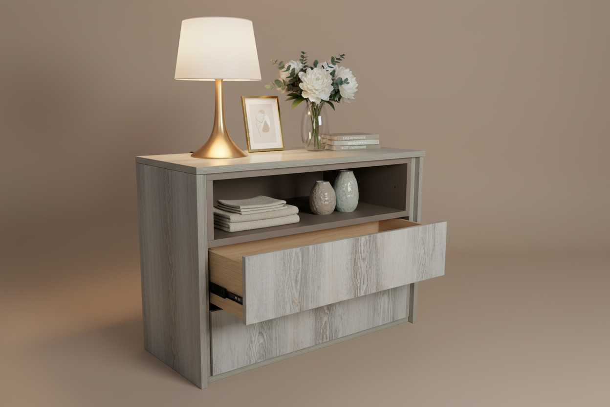 Open drawer angle styled studio shot