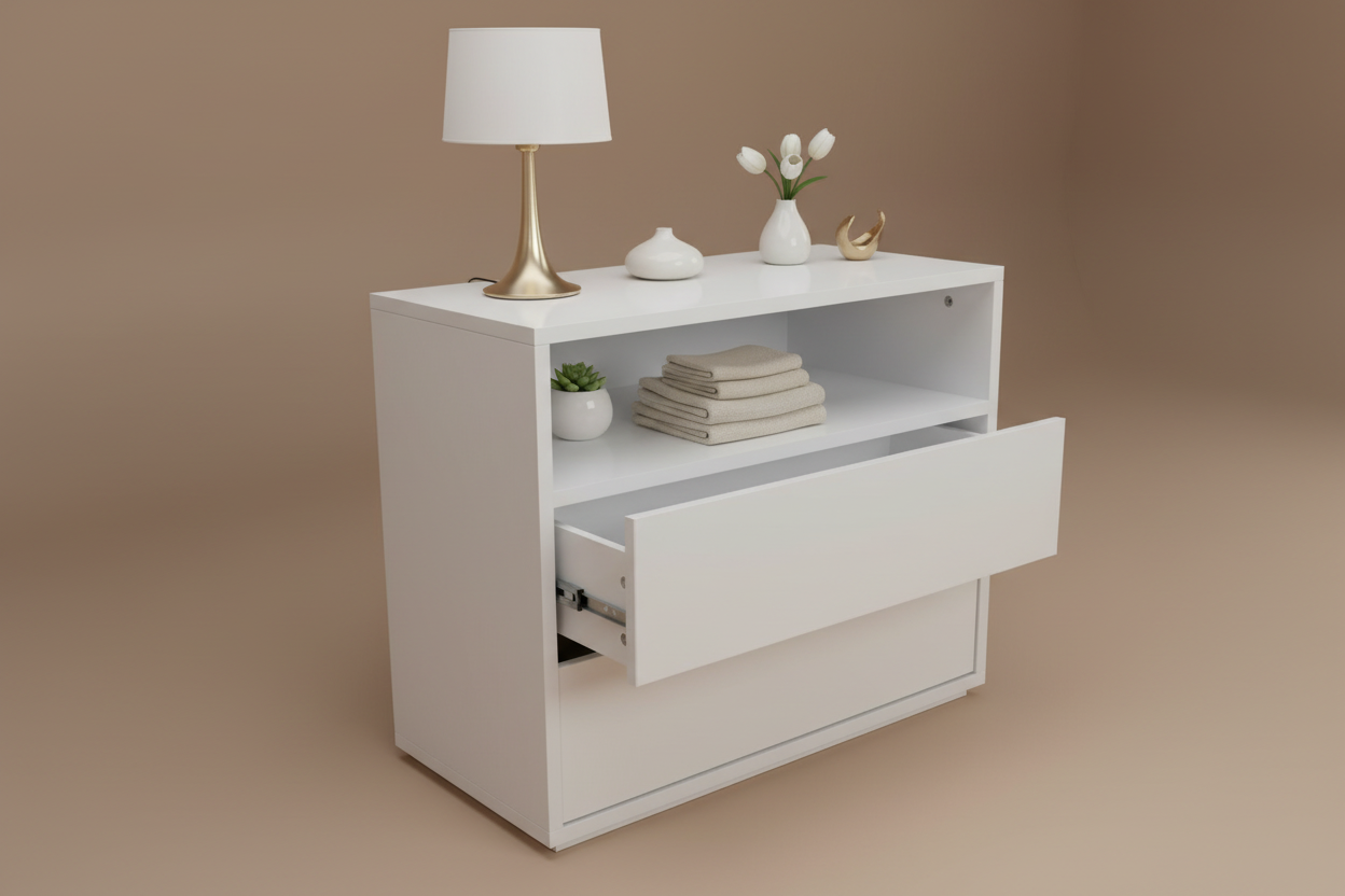 Open drawer angle styled studio shot