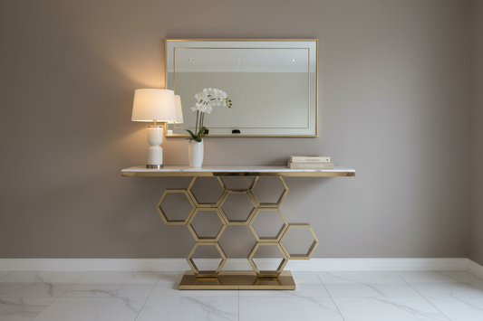 Professional lifestyle image of marble and gold hexagonal console table