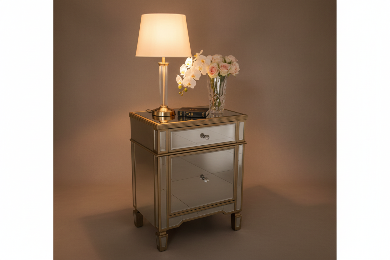 Refined studio lifestyle shot of mirrored nightstand