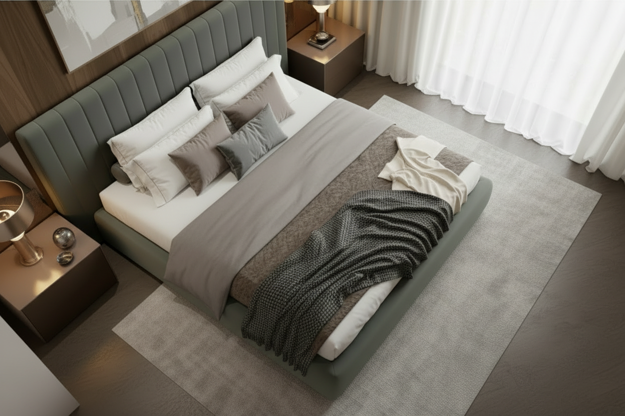 Sage green bed - elevated angle with base