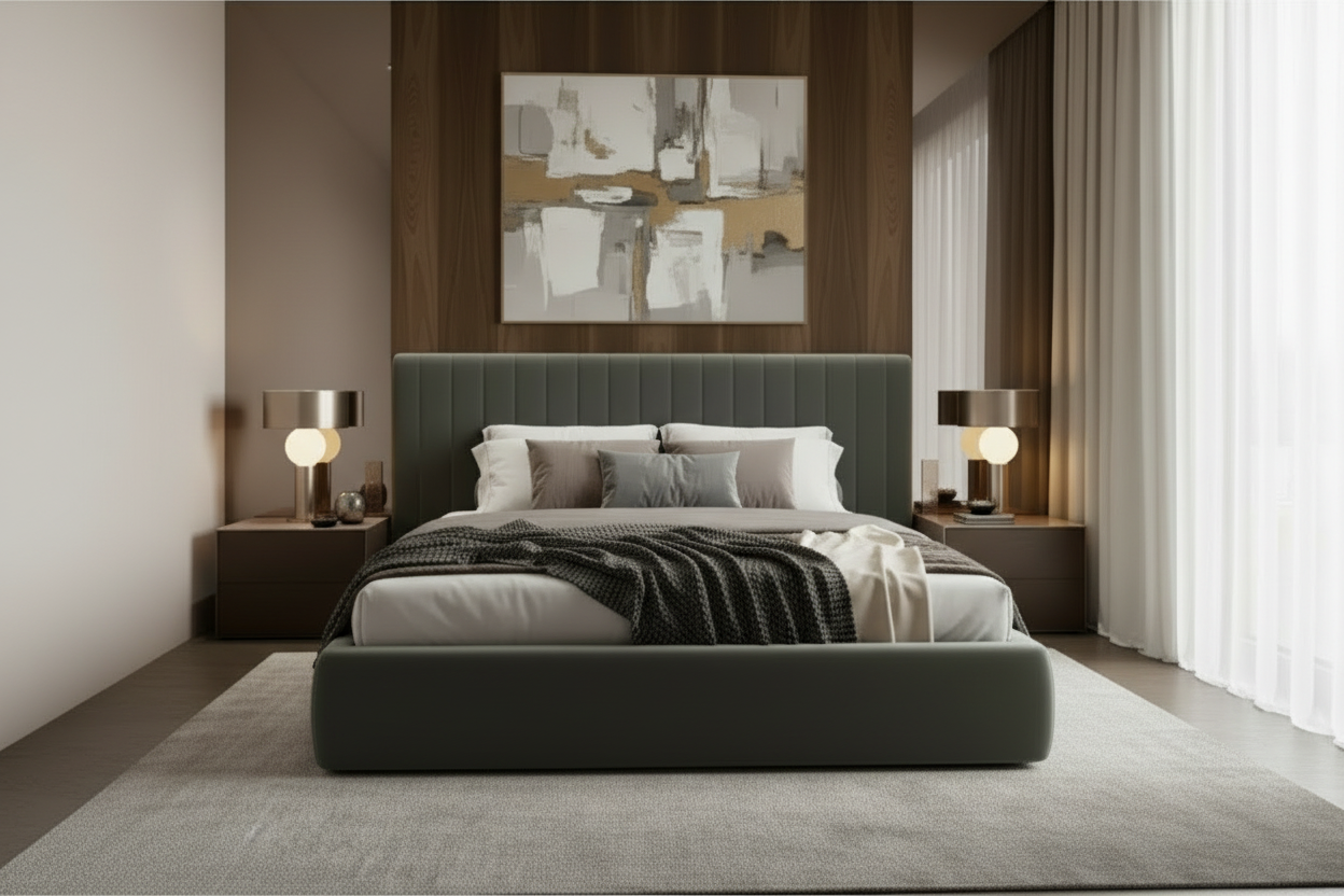 Sage green bed - front view