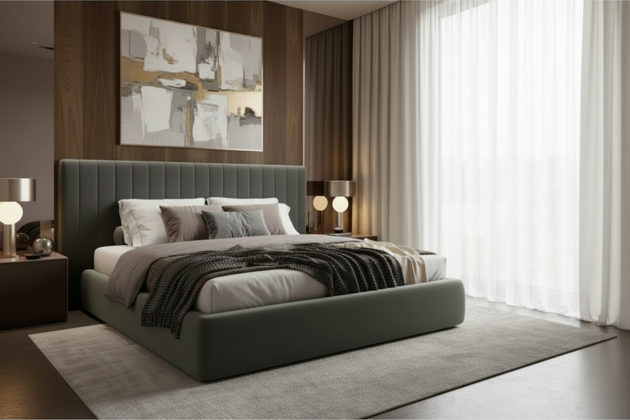 Sage green bed with plain base