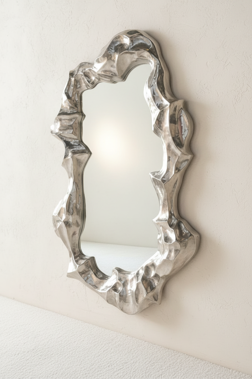 Sculptural Silver Mirror — 3/4 View