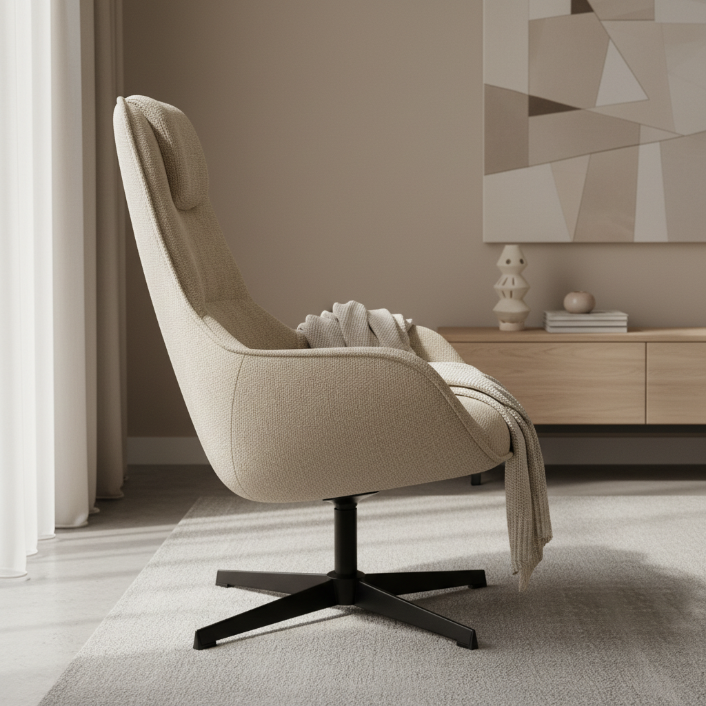 Side angle lifestyle image of beige swivel chair