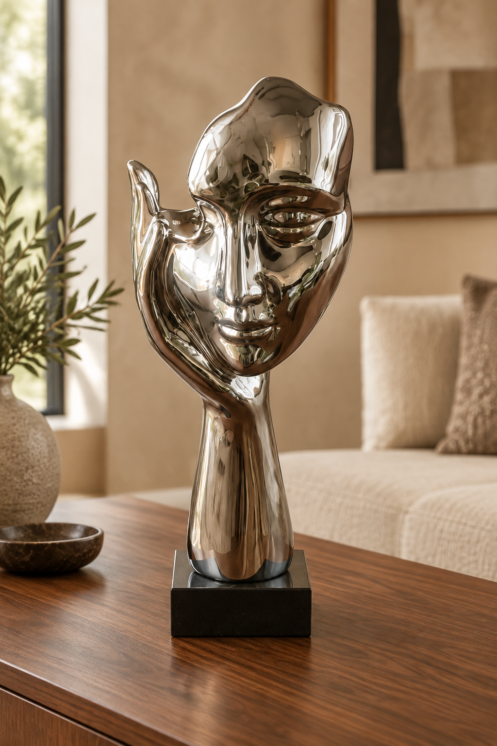 Silver face sculpture in an elegant living room