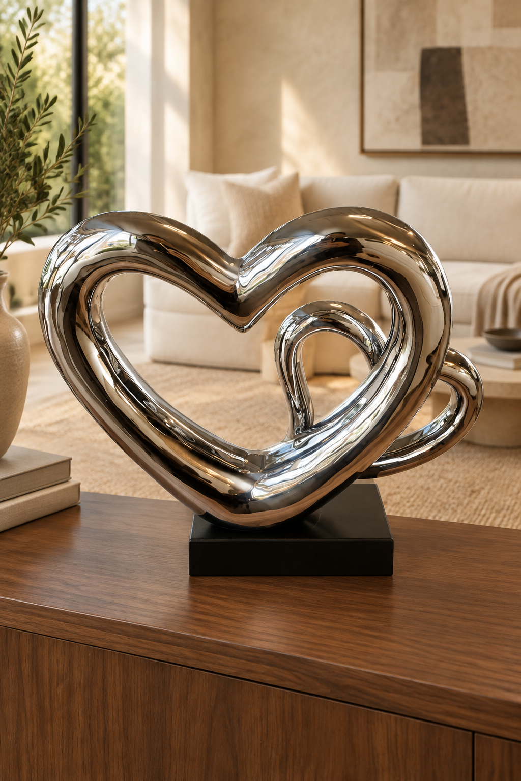 Silver heart sculpture styled in a warm, elegant living room