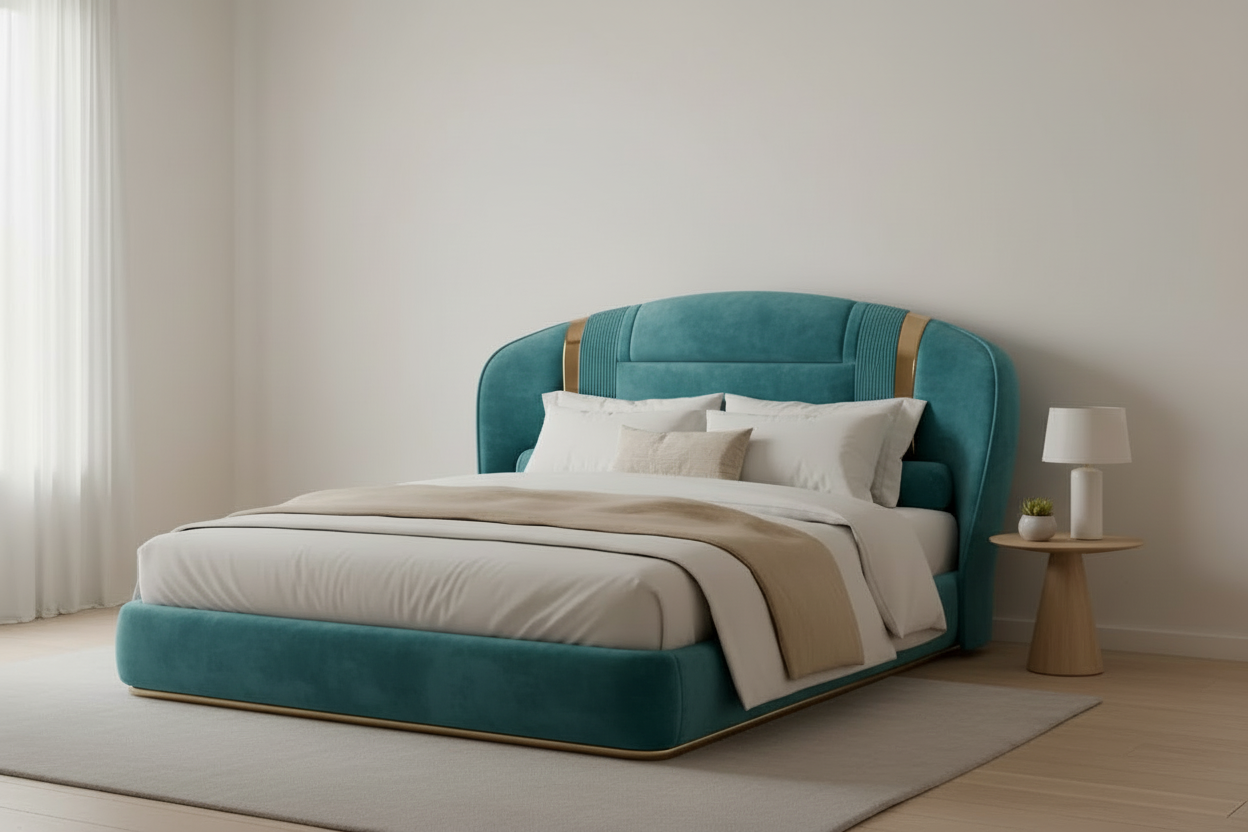 Silvia bed in turquoise velvet