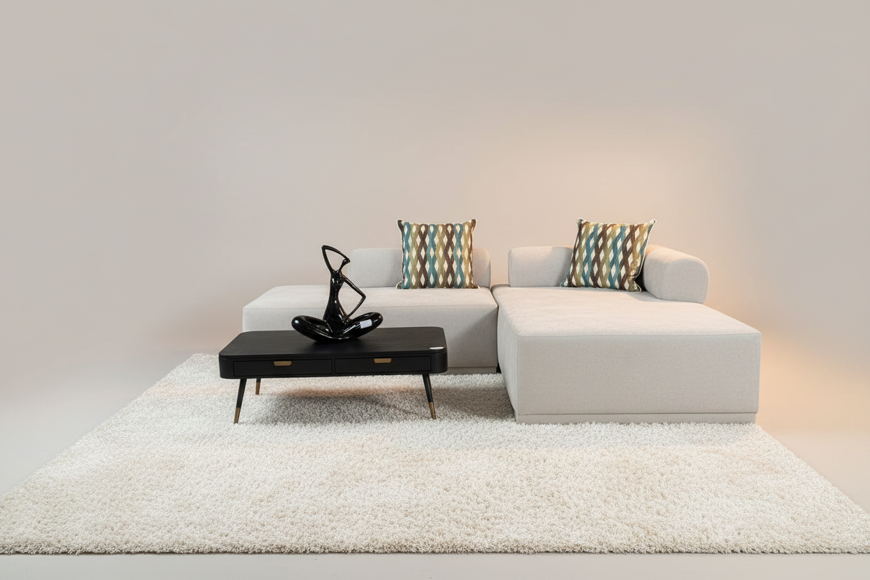 Studio – Grey Sectional on White Fluffy Carpet