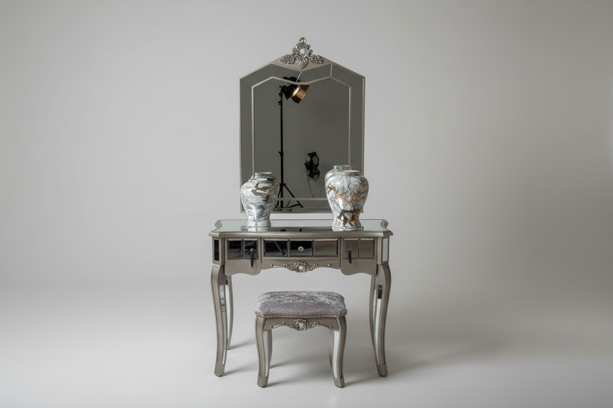 Studio image of mirrored vanity set
