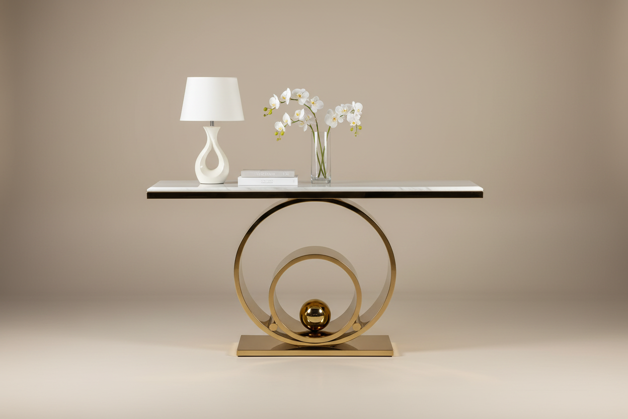Studio lifestyle image of white marble and gold sculptural ribbon console table