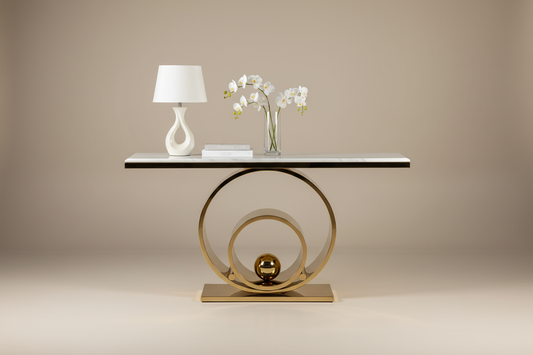 Studio lifestyle image of white marble and gold sculptural ribbon console table