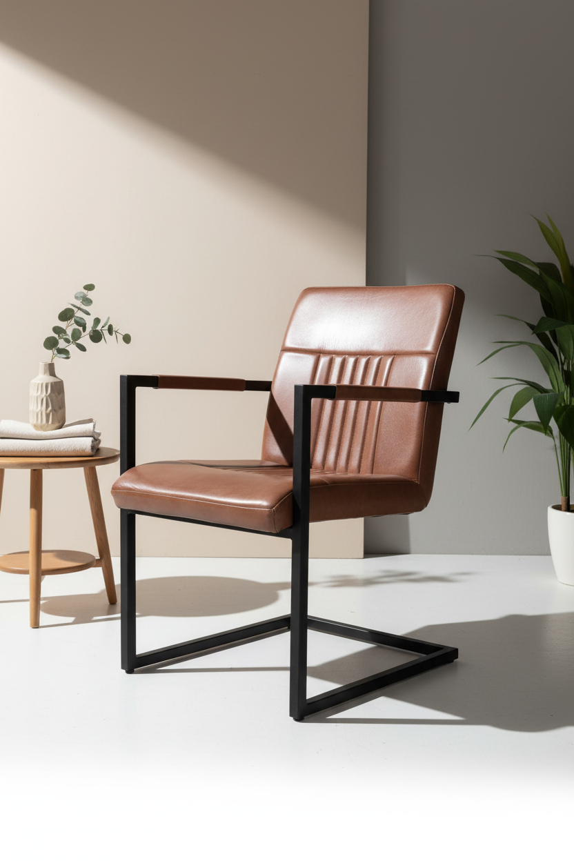 Studio lifestyle image with brown leather chair
